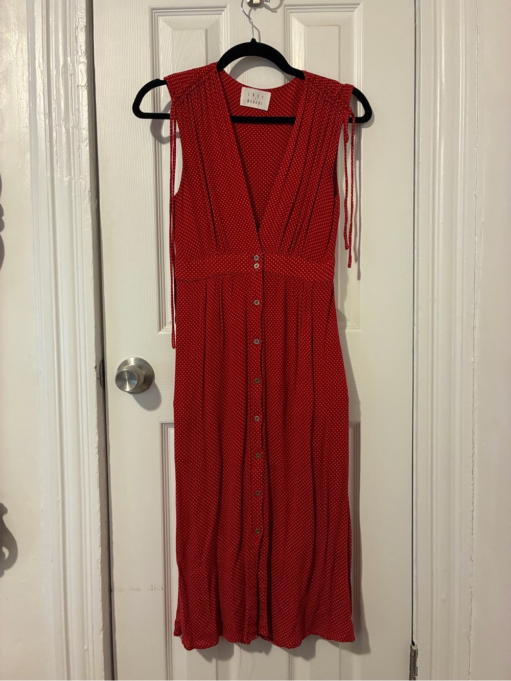 Lost + Wander Red Sleeveless Button-Front Midi Dress with Dotted Texture